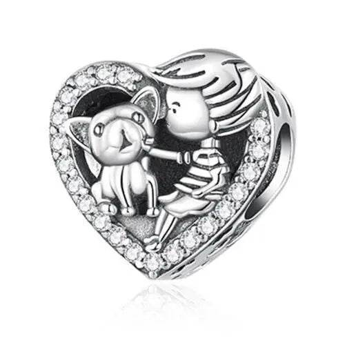 S925 sterling silver boy and dog heart charm for women's bracelets and necklaces