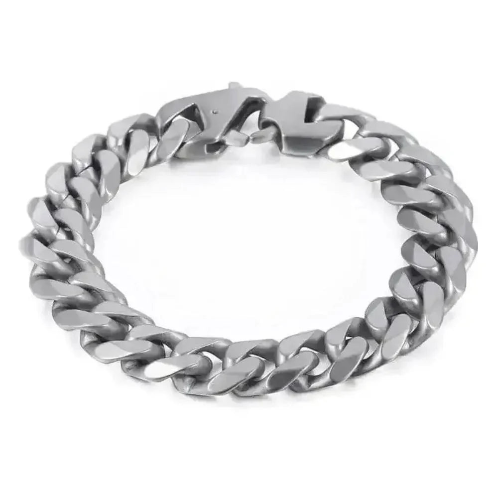 Stylish matte silver 15mm chain bracelet on a wrist