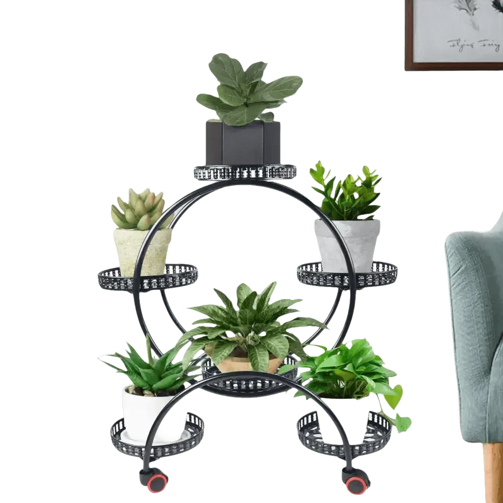 Black six-tier circular metal plant stand with multiple pots