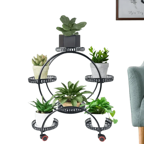 Black six-tier circular metal plant stand with multiple pots