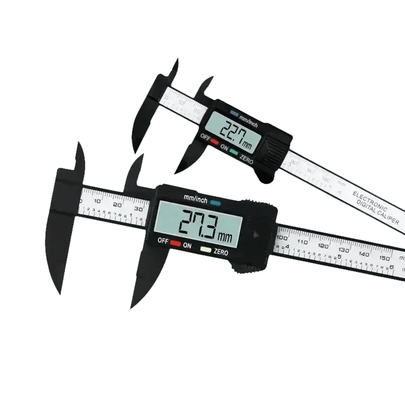 Two black electronic digital calipers with LCD display measuring a small part