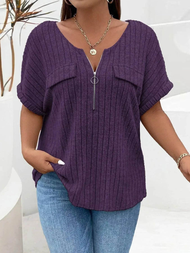 Plus Size Ribbed Half Zip Relaxed Fit T-Shirt - GiFTiFY