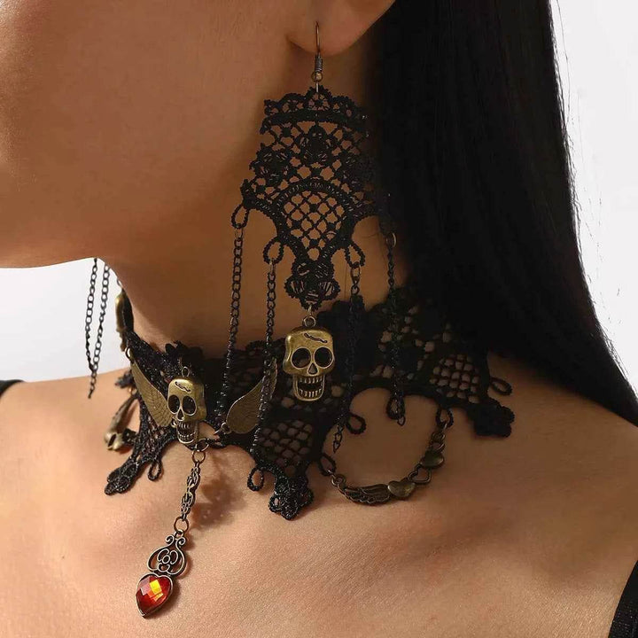 Halloween Lace Skull Necklace and Earrings Jewelry Set - GiFTiFY