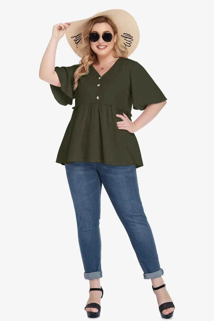Plus Size Buttoned V-Neck Frill Trim Babydoll Blouse - GiFTiFY
