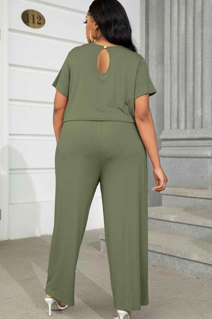 Plus Size Drawstring Waist Short Sleeve Jumpsuit - GiFTiFY