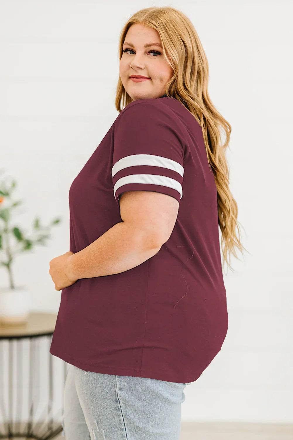 Plus Size Striped V-Neck Tee Shirt - GiFTiFY