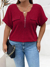 Plus Size Ribbed Half Zip Relaxed Fit T-Shirt - GiFTiFY