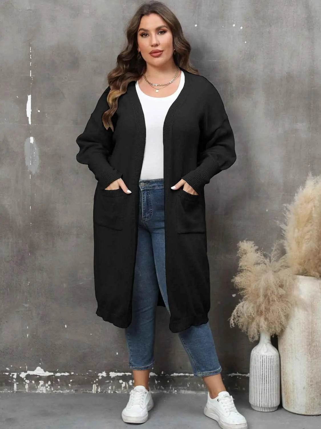 Plus Size Long Sleeve Pocketed Cardigan - GiFTiFY