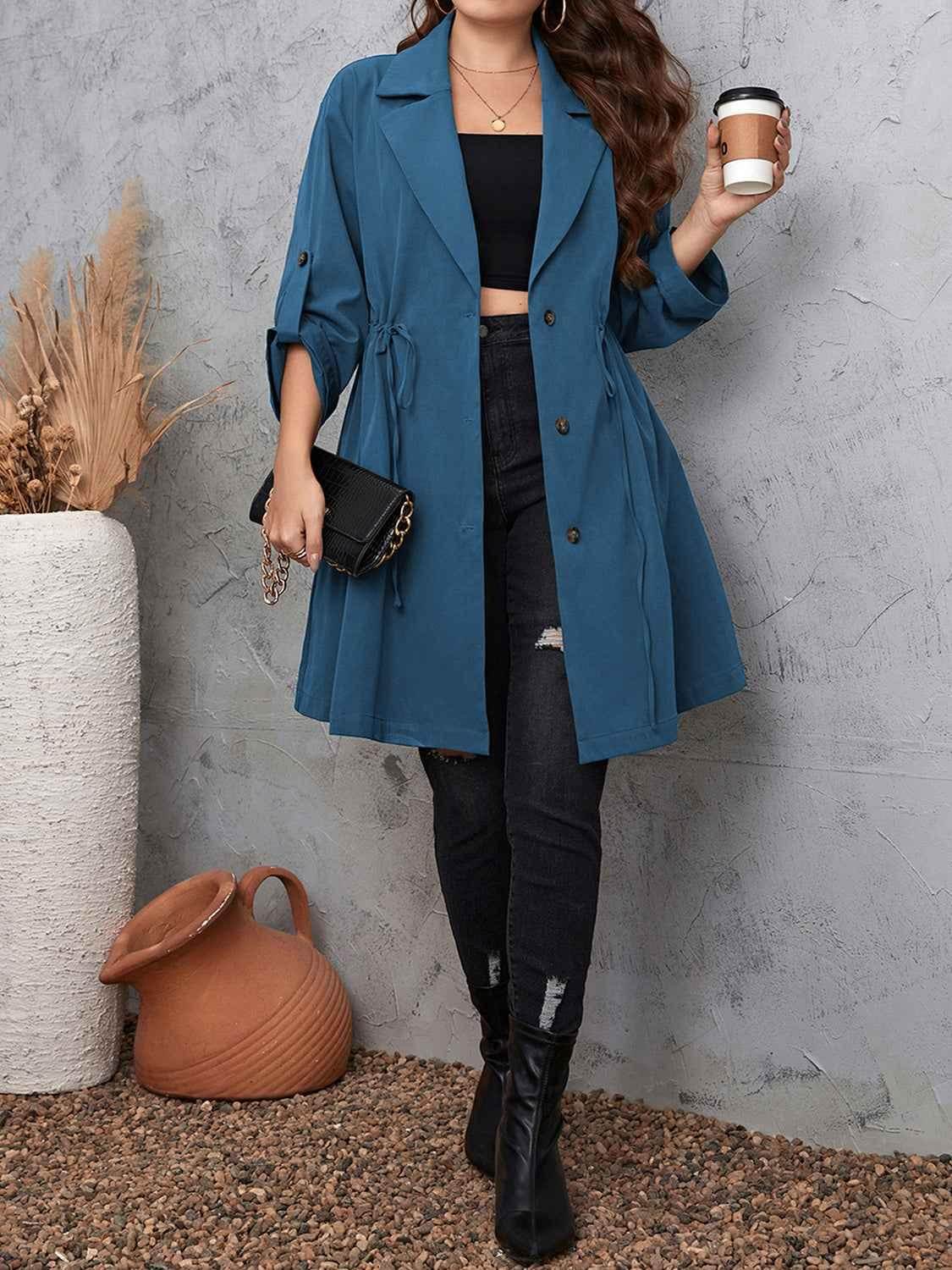 Honey Plus Size Lapel Collar Drawstring Roll-Tab Sleeve Trench Coat - GiFTiFY