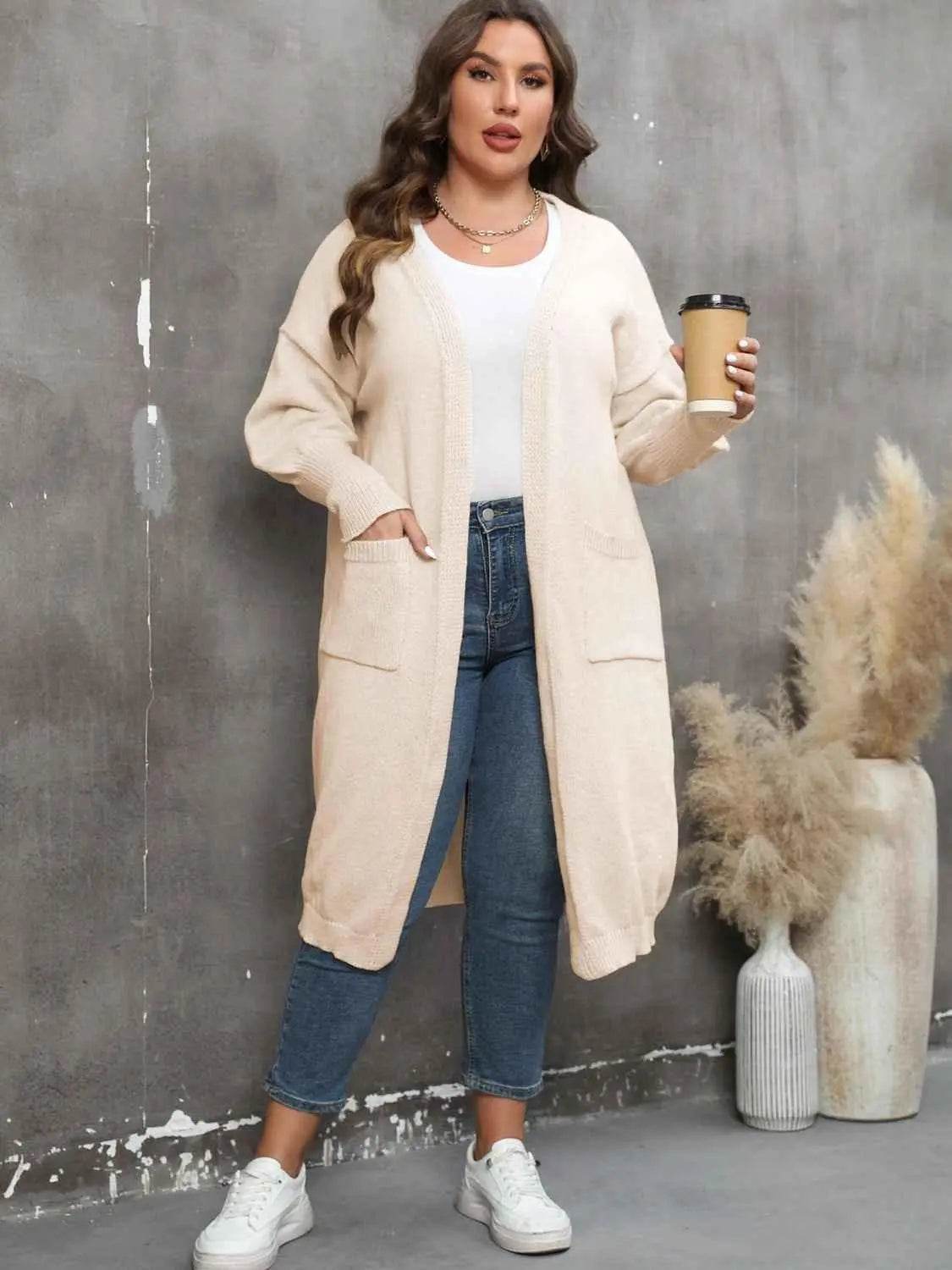 Plus Size Long Sleeve Pocketed Cardigan - GiFTiFY