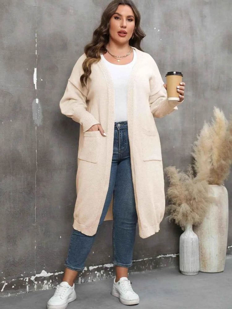 Plus Size Long Sleeve Pocketed Cardigan - GiFTiFY