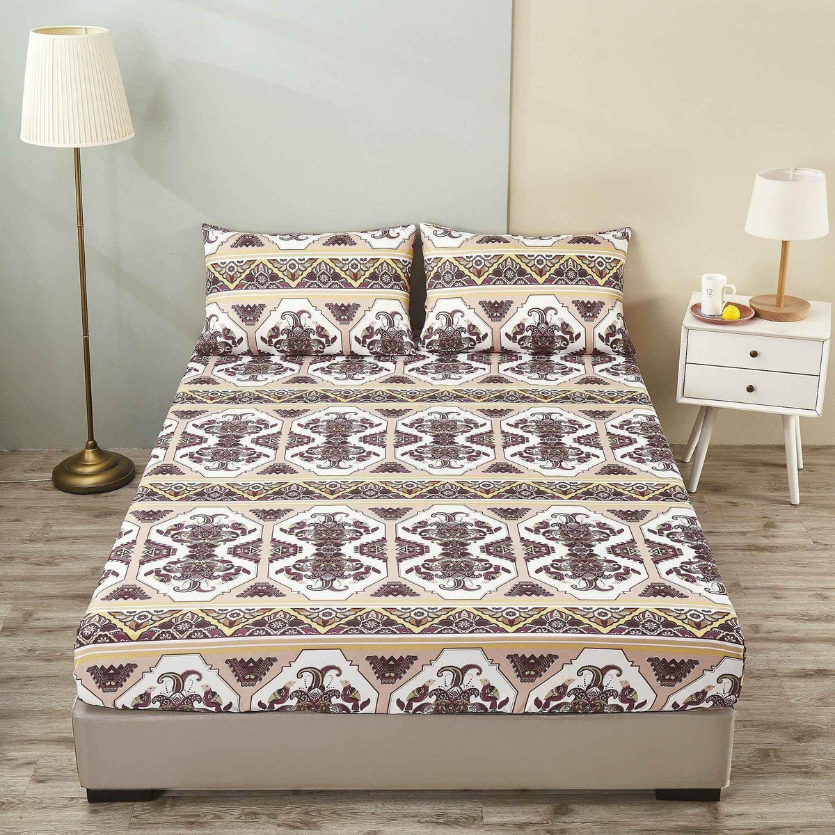 DaDa Bedding Majestic Oriental Kilim Fitted Sheet - w/ Pillow Cases Royal Persian Traditional Design Intricate Ornate Ornament Print Bed Sheets by DaDalogy Bedding Collection
