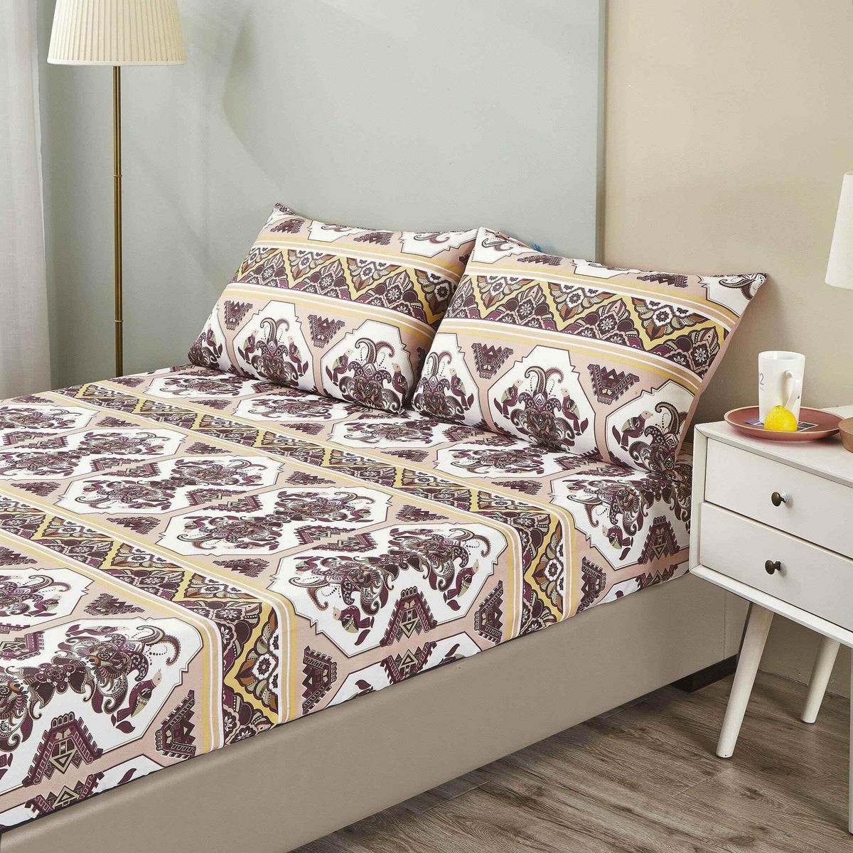 DaDa Bedding Majestic Oriental Kilim Fitted Sheet - w/ Pillow Cases Royal Persian Traditional Design Intricate Ornate Ornament Print Bed Sheets by DaDalogy Bedding Collection