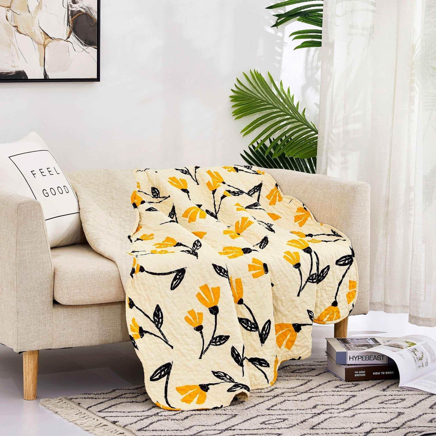 DaDa Bedding Botanical Floral Throw Blanket - Quilted Yellow Fleur Golden Orange Spring Time Tulips - Scalloped Edges Bright Vibrant Ivory Cream - 50 x 60 - GiFTiFY