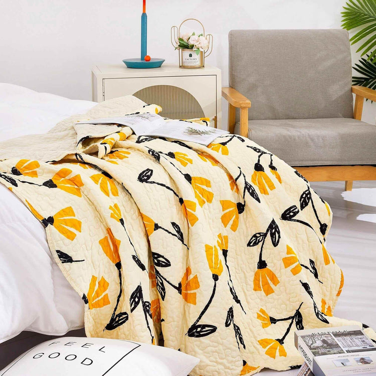 DaDa Bedding Botanical Floral Throw Blanket - Quilted Yellow Fleur Golden Orange Spring Time Tulips - Scalloped Edges Bright Vibrant Ivory Cream - 50 x 60 - GiFTiFY