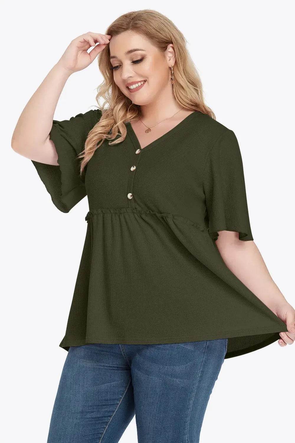 Plus Size Buttoned V-Neck Frill Trim Babydoll Blouse - GiFTiFY