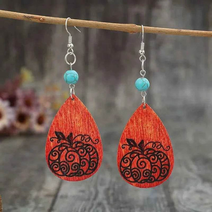Turquoise Wooden Pumpkin Teardrop Earrings - GiFTiFY
