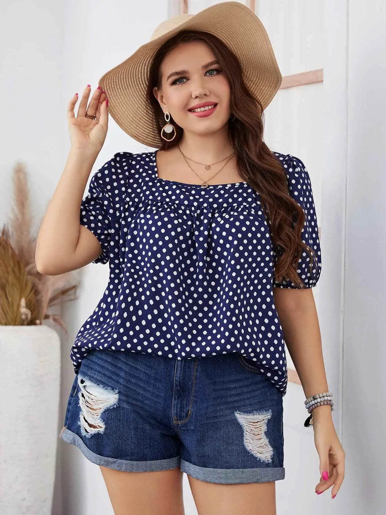 Honey Plus Size Polka Dot Square Neck Blouse - GiFTiFY