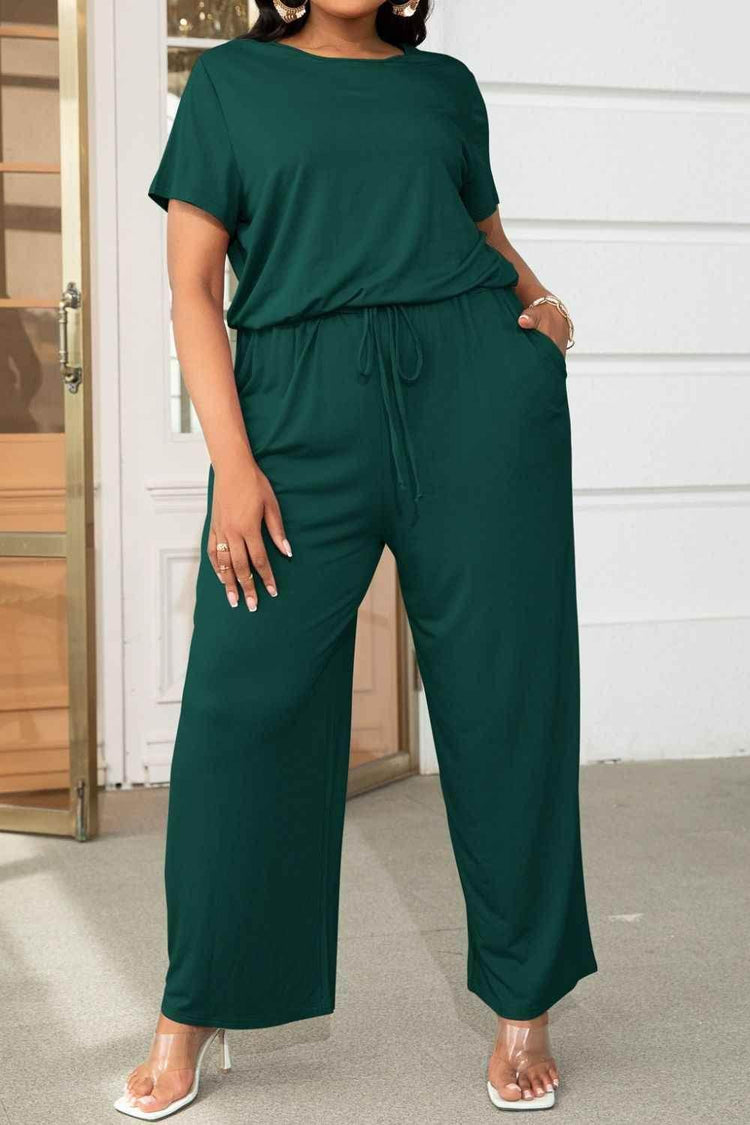 Plus Size Drawstring Waist Short Sleeve Jumpsuit - GiFTiFY