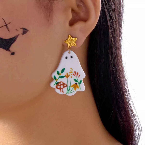 Whimsical Ghost Earrings with Floral Design - GiFTiFY