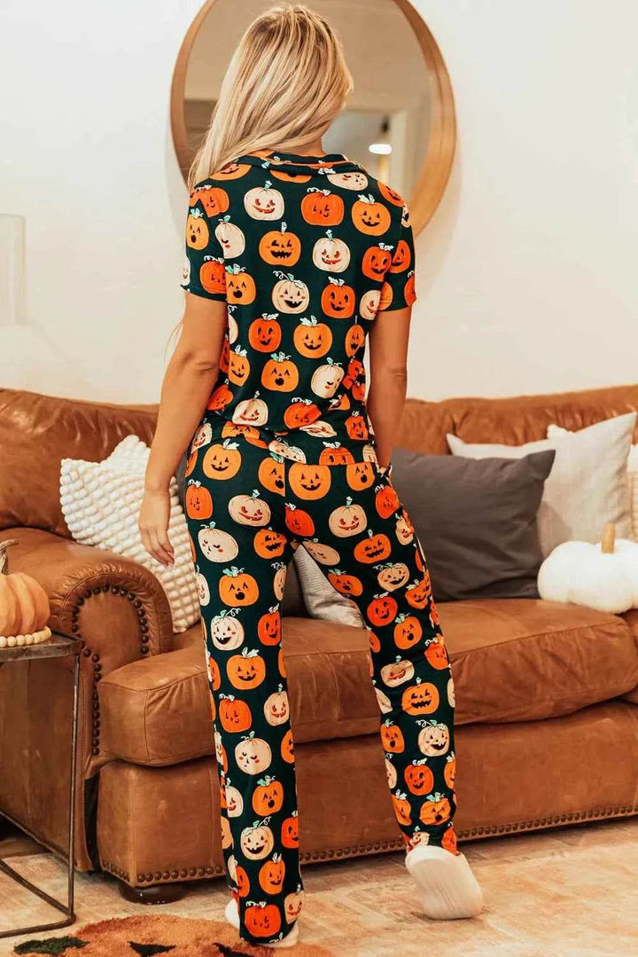 Pumpkin Printed Short Sleeve Top and Pants Lounge Set - GiFTiFY
