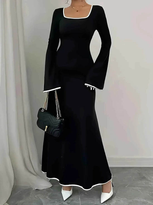 Plus Size Contrast Trim Square Neck Long Sleeve Maxi Dress - GiFTiFY