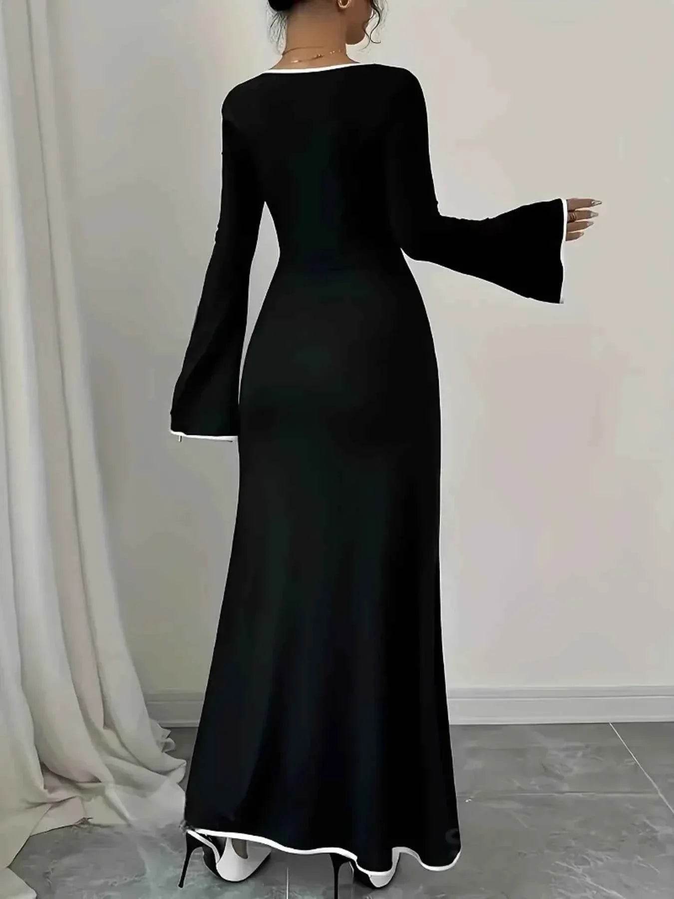 Plus Size Contrast Trim Square Neck Long Sleeve Maxi Dress - GiFTiFY
