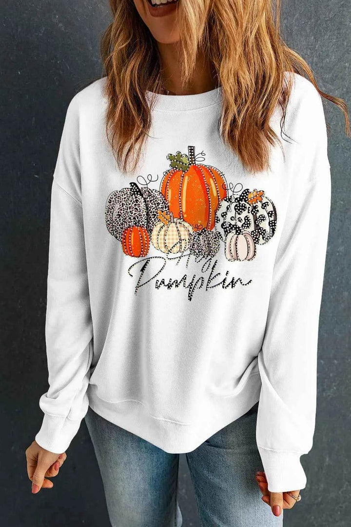 Pumpkin Graphic Round Neck Dropped Shoulder Sweatshirt - GiFTiFY
