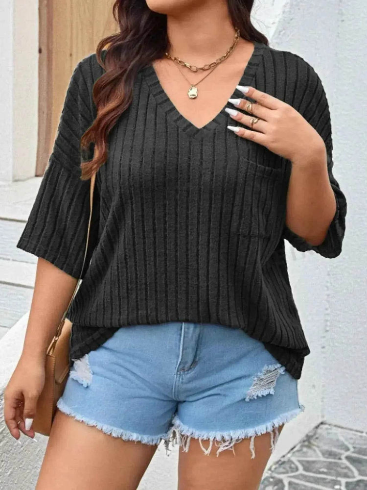 Plus Size V-Neck Ribbed Knit T-Shirt - GiFTiFY