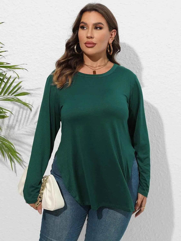 Plus Size Round Neck Long Sleeve Slit T-Shirt - GiFTiFY