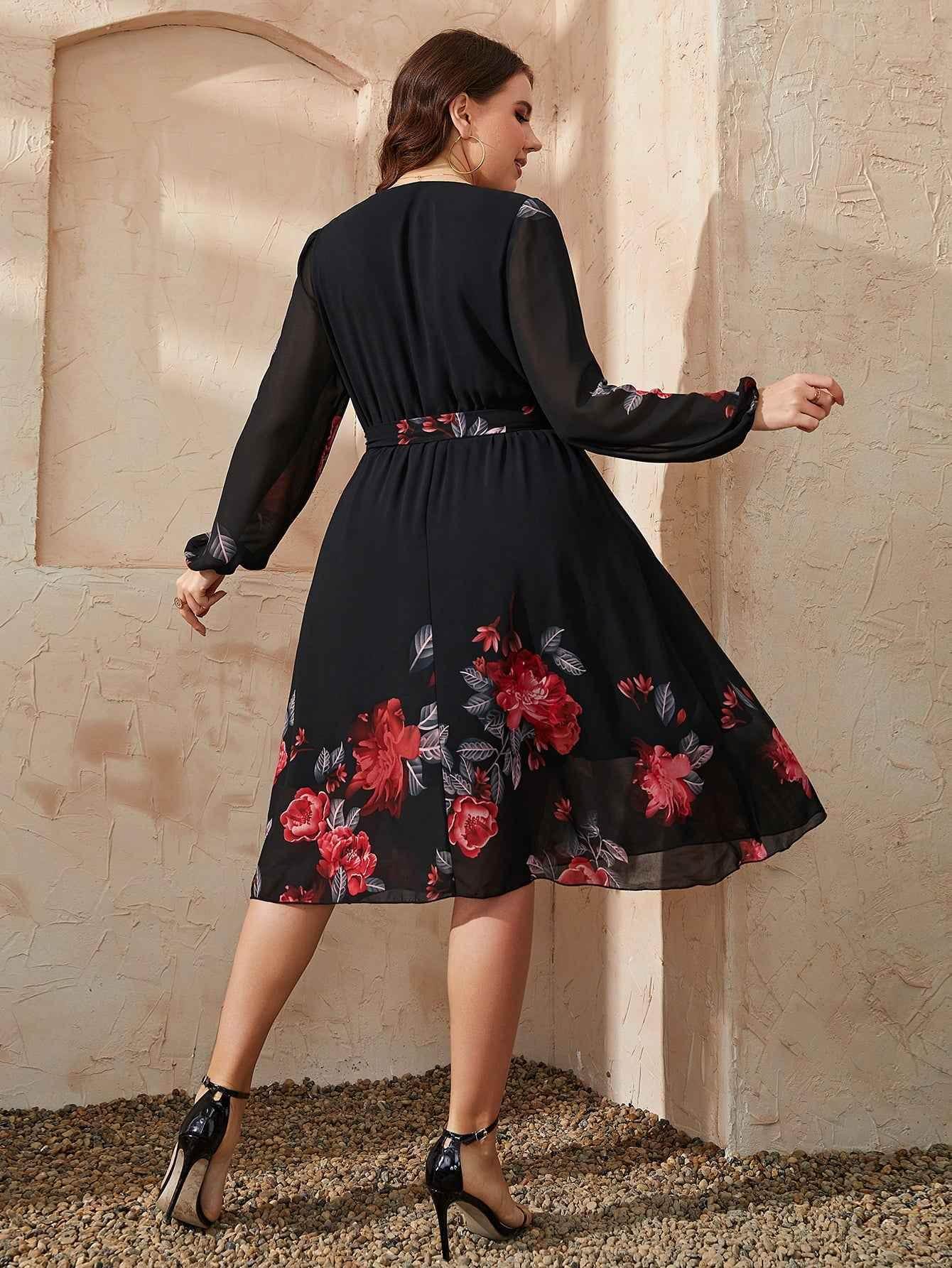 Honey Plus Size Floral Surplice Neck Tie Waist Dress - GiFTiFY