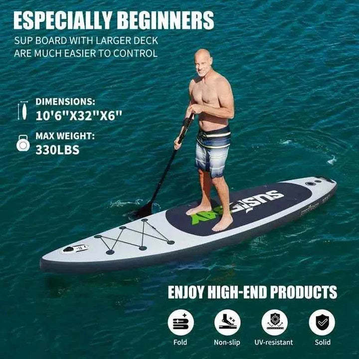 Adult inflatable upright paddleboard, 10.6ft inflatable yoga board, super surfboard with multiple accessories, multi-layer deck, travel backpack, wide upright position suitable for various scenarios, maximum weight capacity of 300 pounds. - GiFTiFY