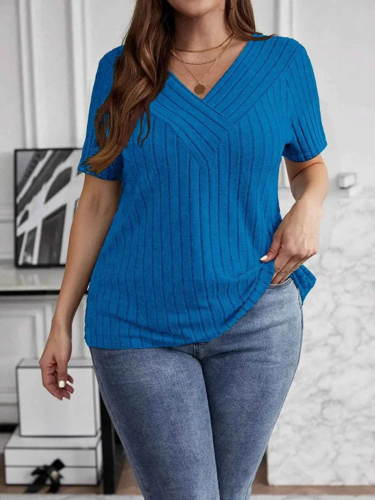 Plus Size V-Neck Short Sleeve Ribbed T-Shirt - GiFTiFY