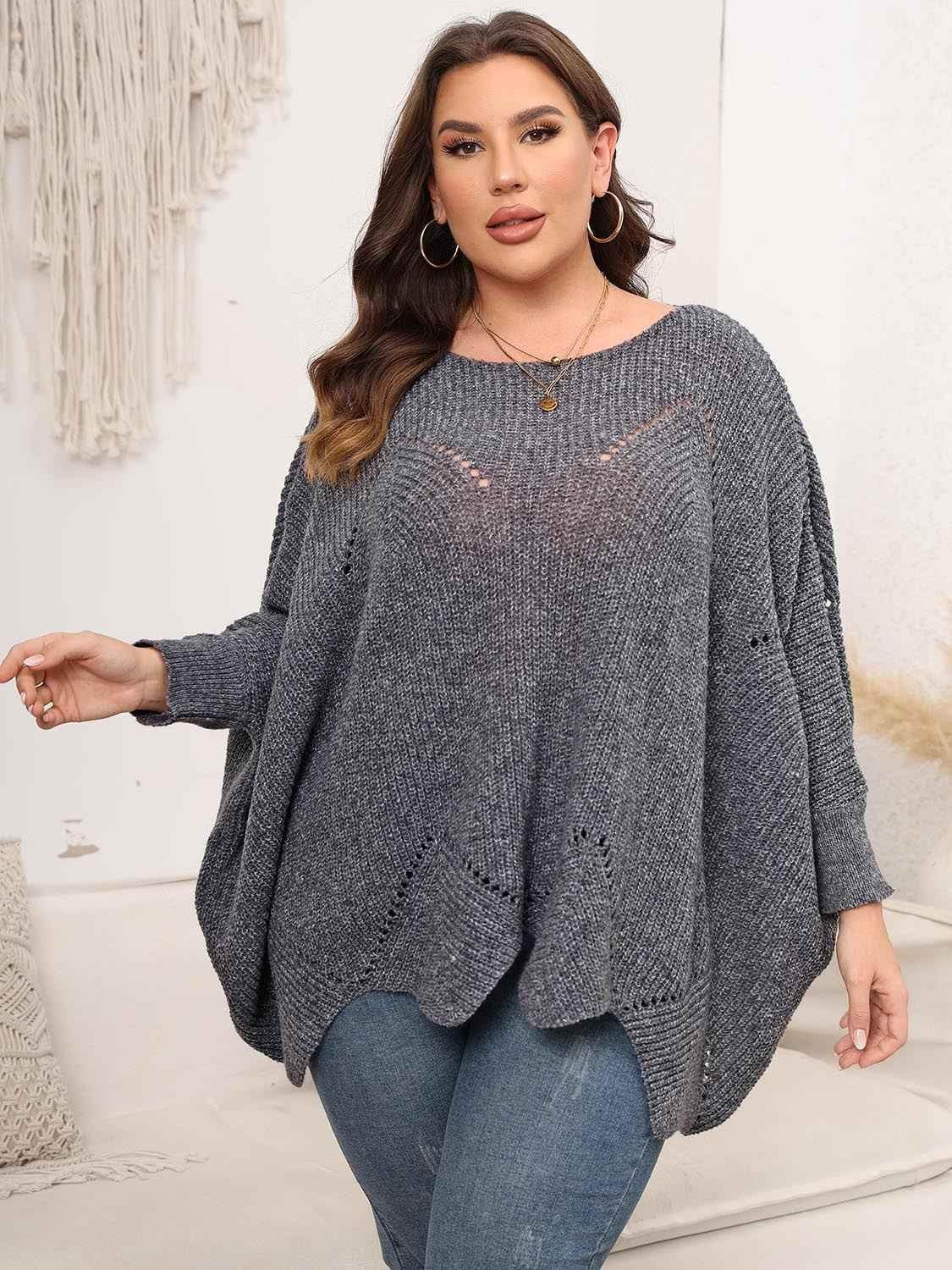 Plus Size Round Neck Batwing Sleeve Sweater - GiFTiFY