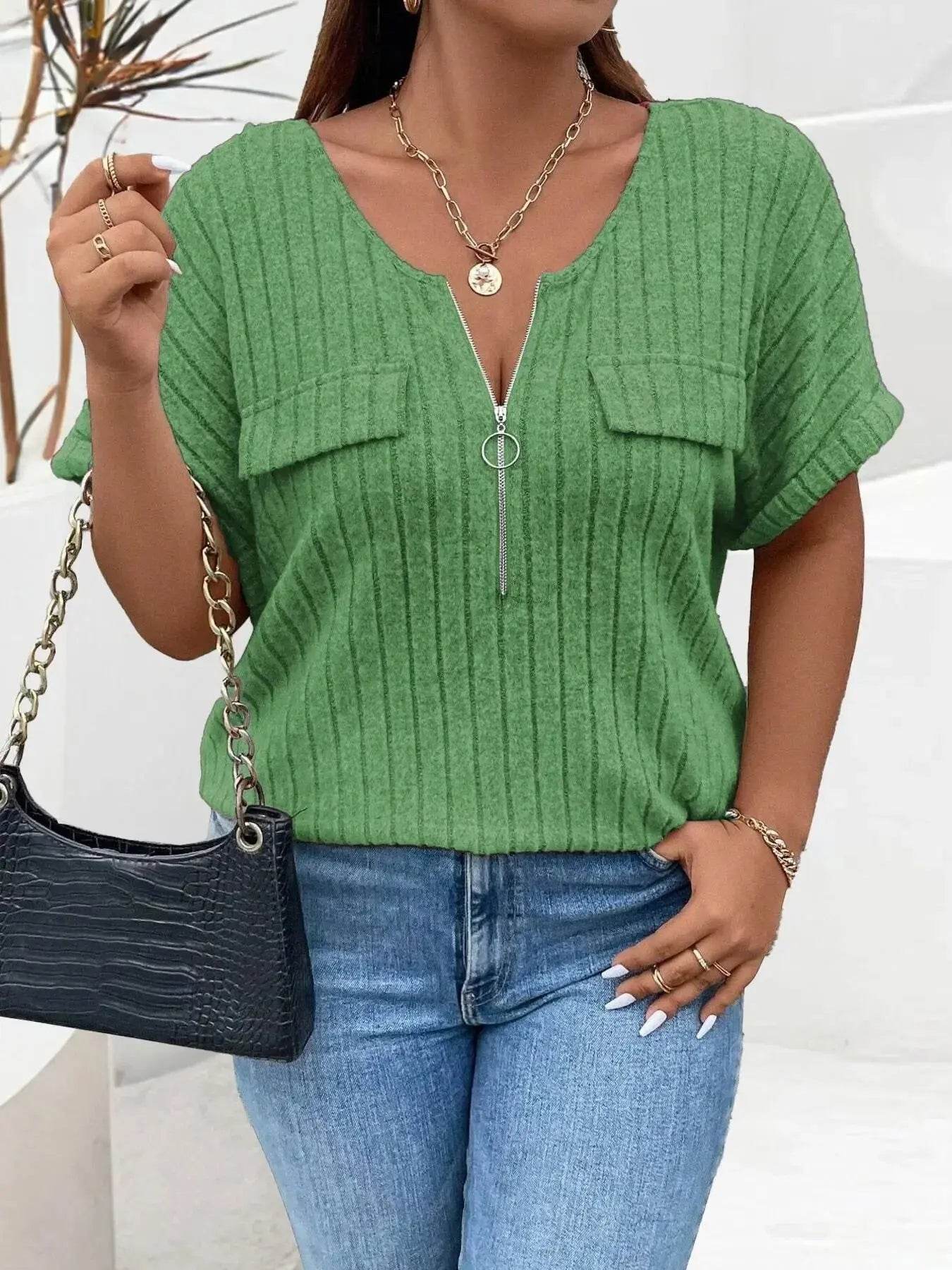 Plus Size Ribbed Half Zip Relaxed Fit T-Shirt - GiFTiFY
