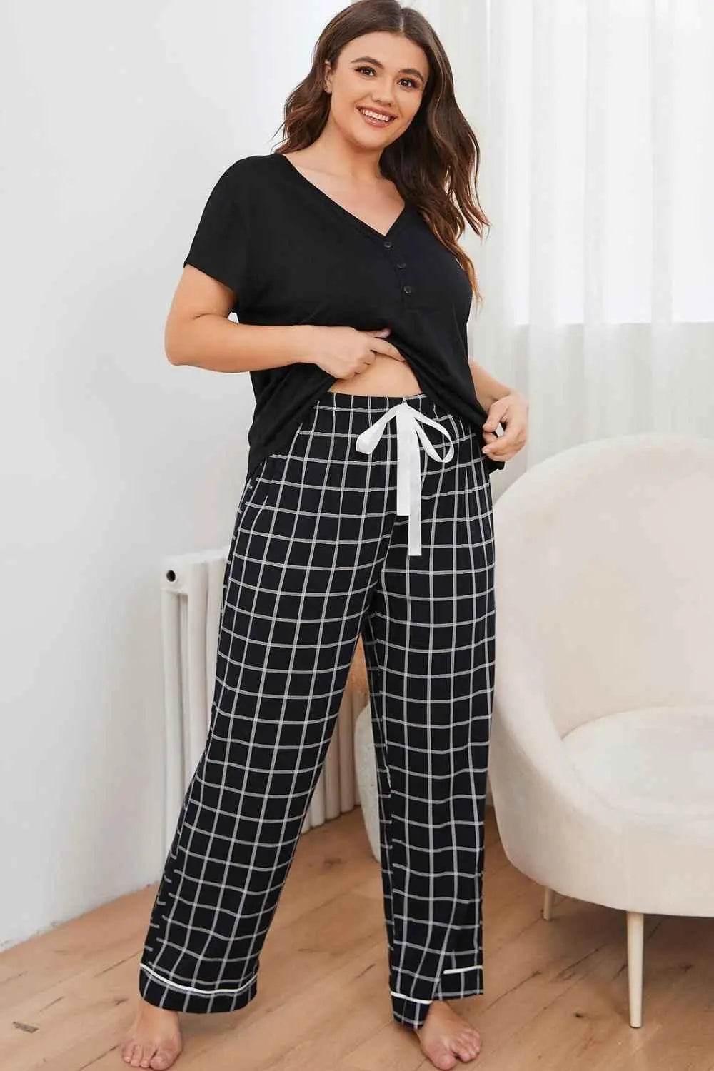 Plus Size V-Neck Top and Plaid Pants Lounge Set - GiFTiFY