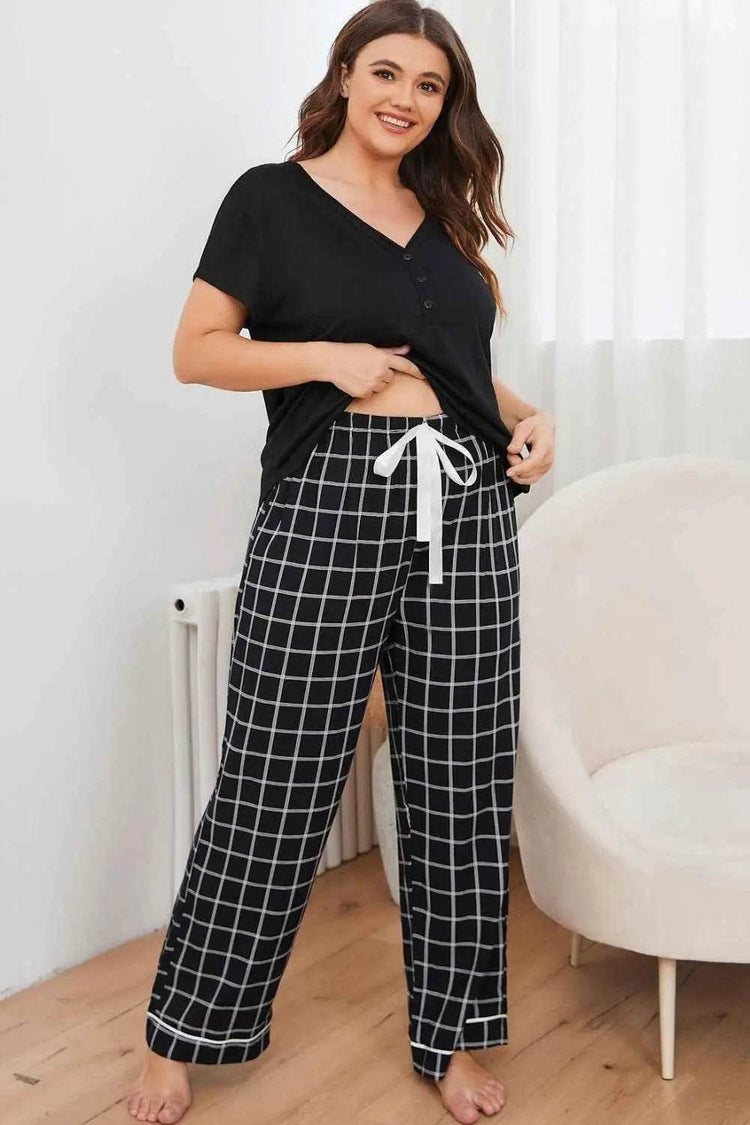 Plus Size V-Neck Top and Plaid Pants Lounge Set - GiFTiFY