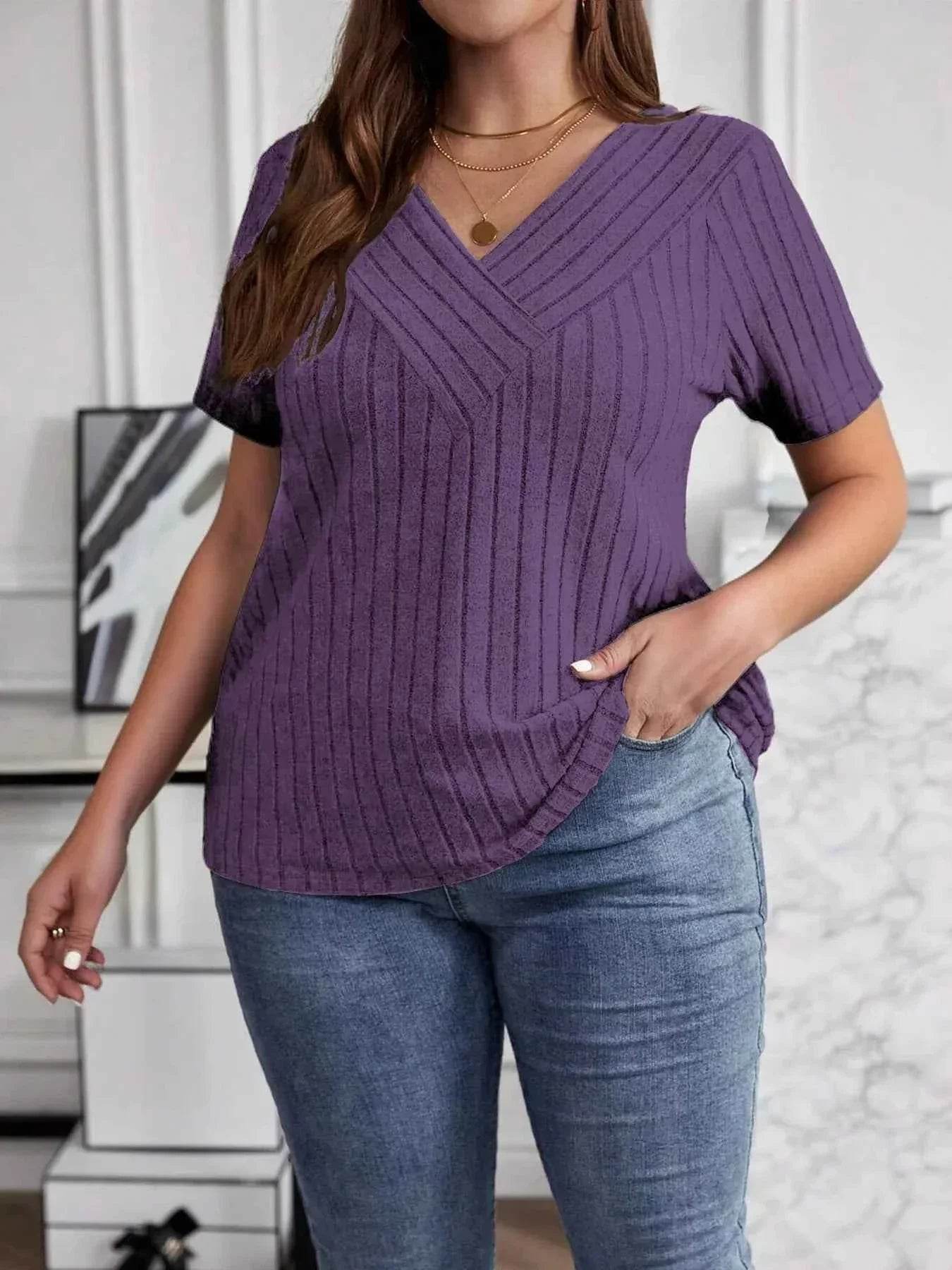 Plus Size V-Neck Short Sleeve Ribbed T-Shirt - GiFTiFY