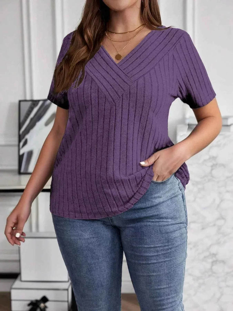 Plus Size V-Neck Short Sleeve Ribbed T-Shirt - GiFTiFY
