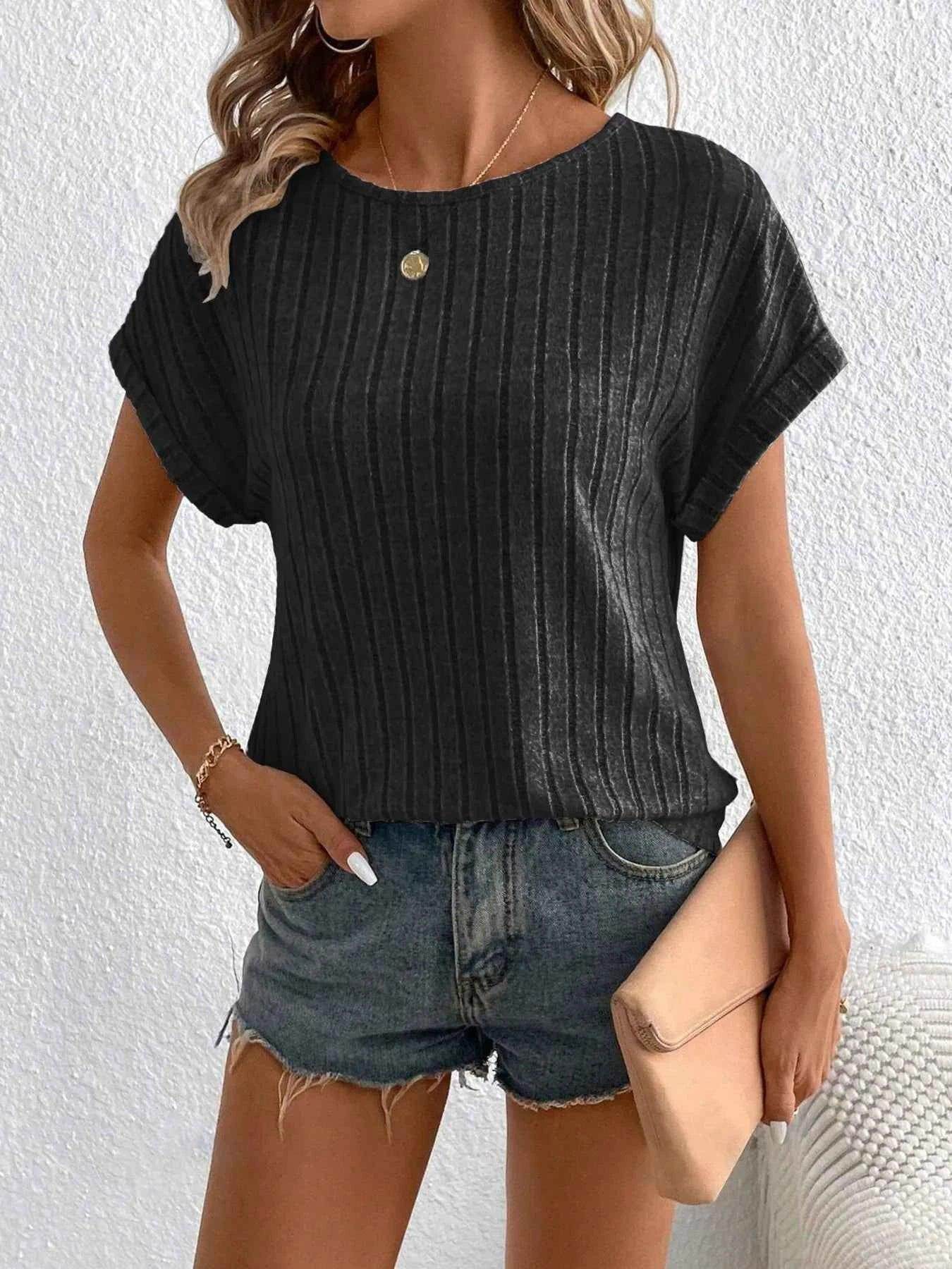 Plus Size Ribbed Texture Short Sleeve T-Shirt - GiFTiFY