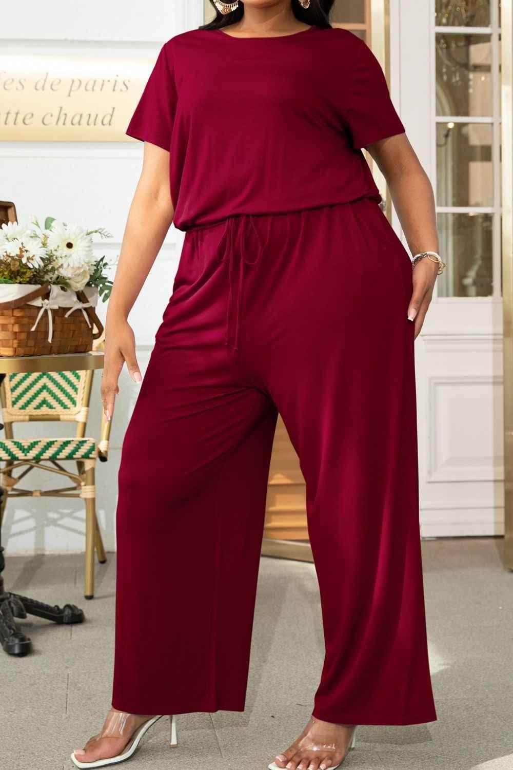 Plus Size Drawstring Waist Short Sleeve Jumpsuit - GiFTiFY