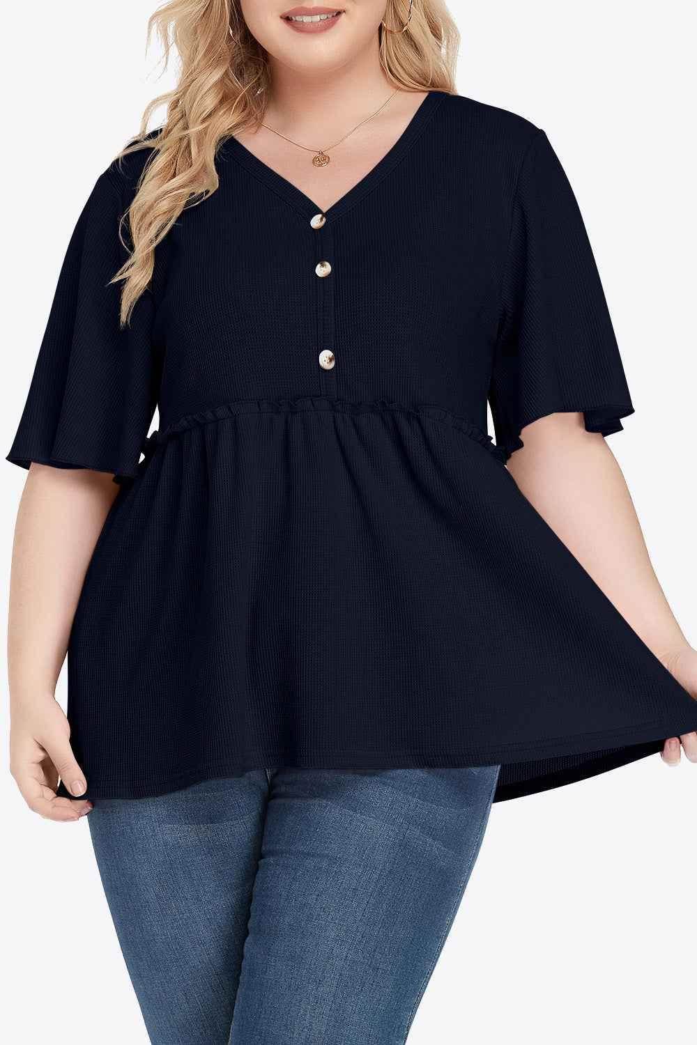 Plus Size Buttoned V-Neck Frill Trim Babydoll Blouse - GiFTiFY
