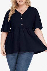 Plus Size Buttoned V-Neck Frill Trim Babydoll Blouse - GiFTiFY