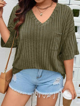 Plus Size V-Neck Ribbed Knit T-Shirt - GiFTiFY