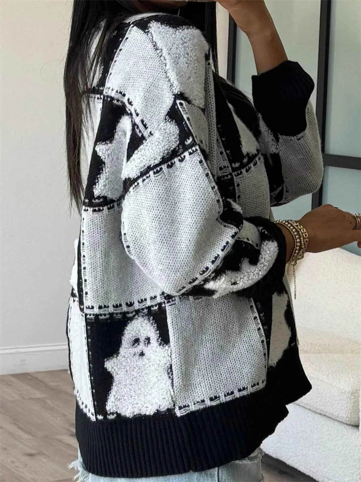 Halloween Ghost Checkered Drop Shoulder Sweater - GiFTiFY