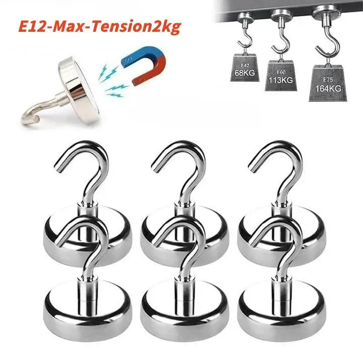 Set of 6 strong magnet hooks showcasing max load capacity for home organization and storage solutions.