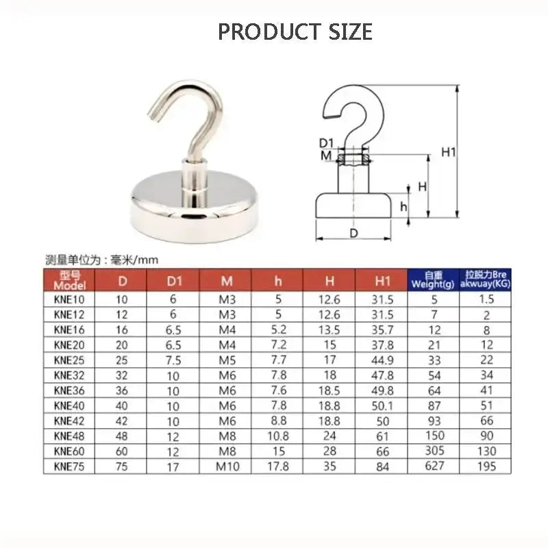 Product size chart for strong magnet hooks with dimensions and model specifications.