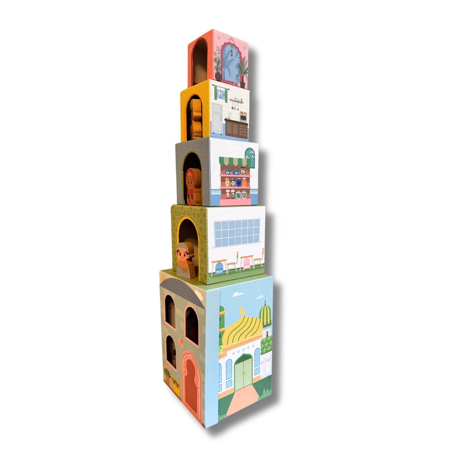 Stacking Houses (Set of 5 Houses and 3 Hardwood Characters) - GiFTiFY