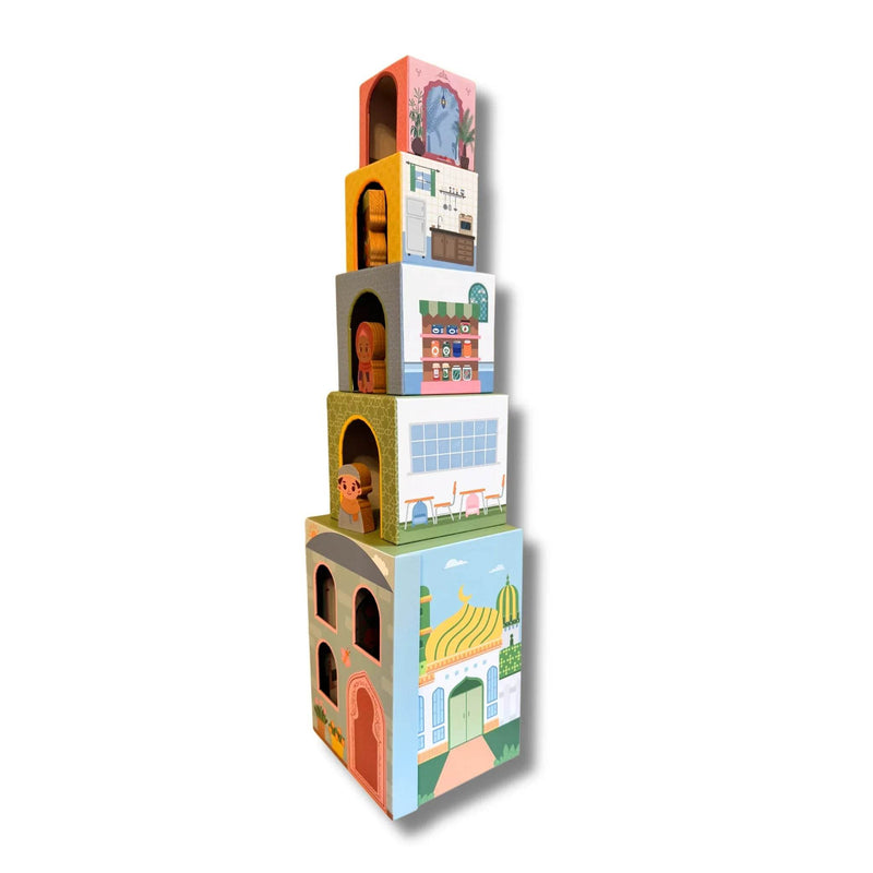 Stacking Houses (Set of 5 Houses and 3 Hardwood Characters) by Lala + Mo