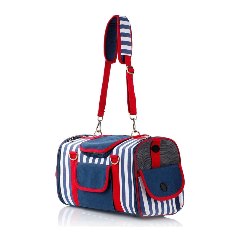 Striped Pet Carrier Bag Canvas Travel Tote with Breathable Mesh - GiFTiFY